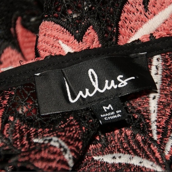 LULU’s Whisper In Your Ear Embroidered Bell Sleeve Crop Top Coral/Black M - Picture 7 of 7